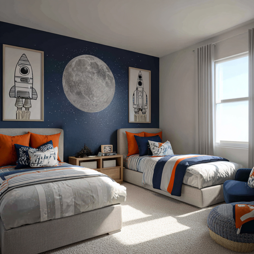 Modern Kids Bedroom Design with Twin Beds and Wall Art | Livspace