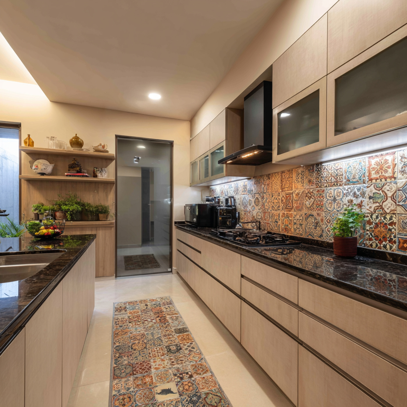 Island Kitchen Design with Contemporary Patterned Backsplash and ...