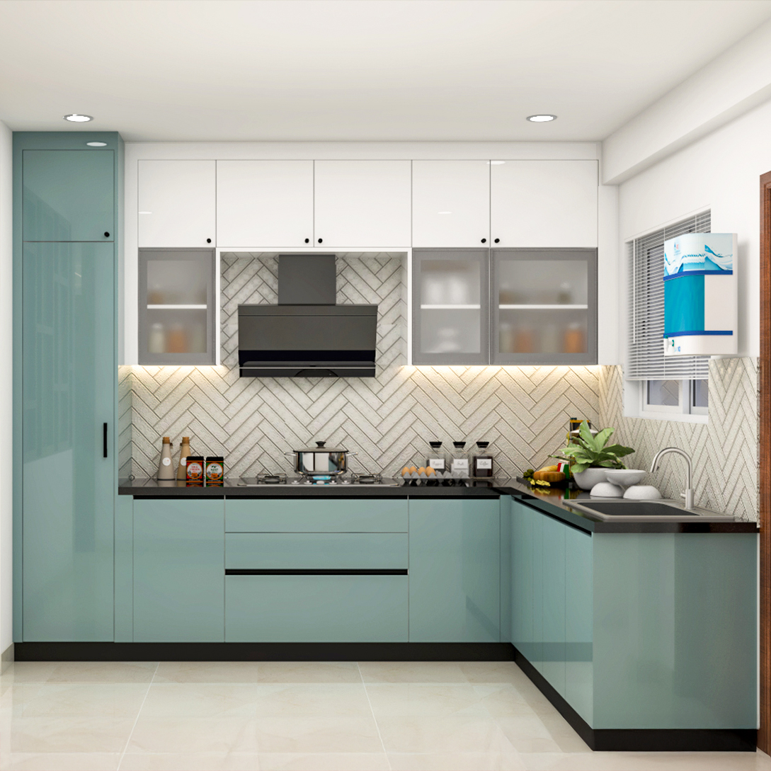 Modern L-Shaped Kitchen Design with Granite Countertop and Blue and ...