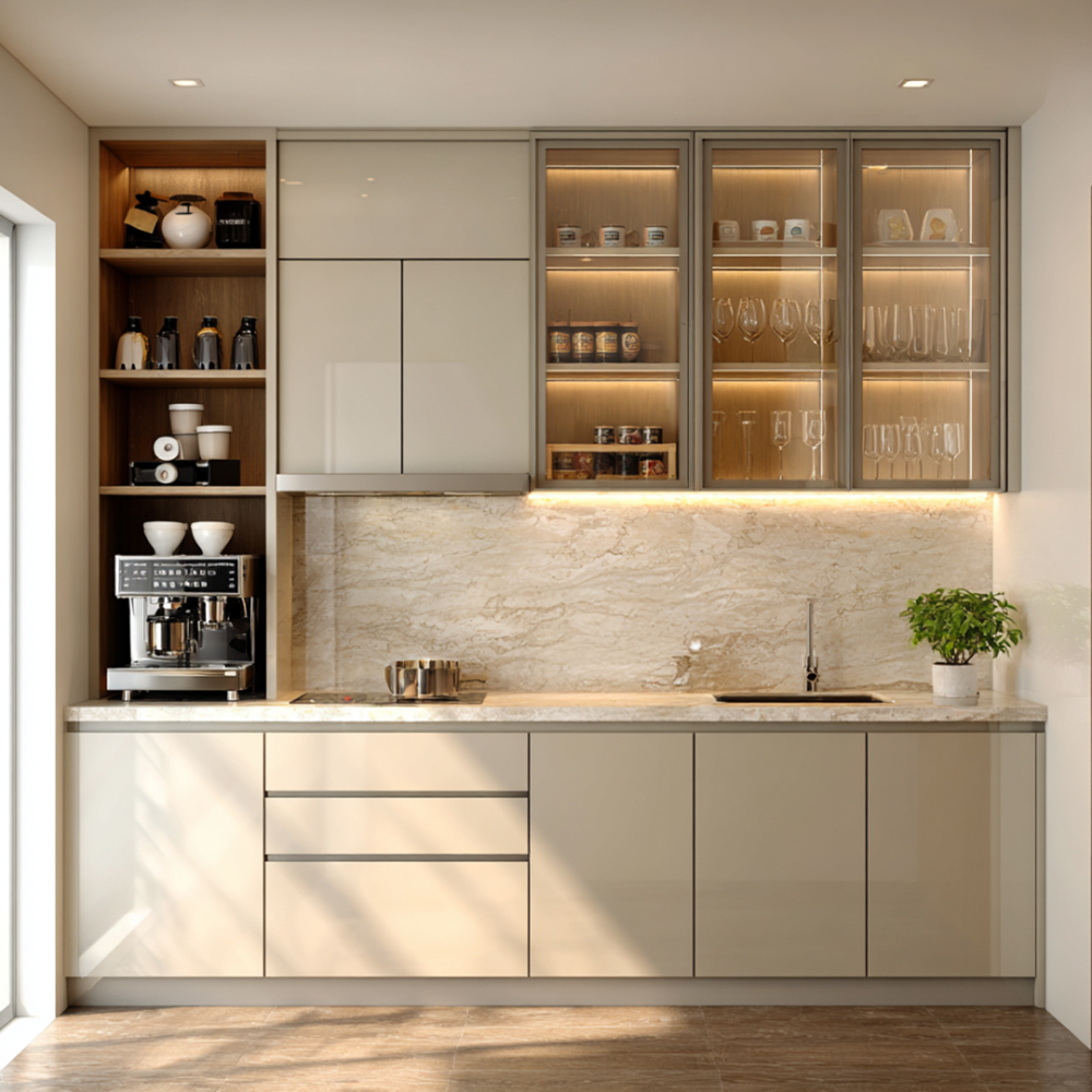 Minimal Open Kitchen Design with Irish Cream and Marble Countertop ...