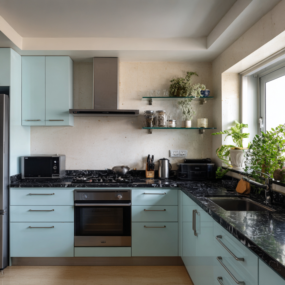 Contemporary L-Shaped Kitchen Design with Geometric Tiles and Gloss ...