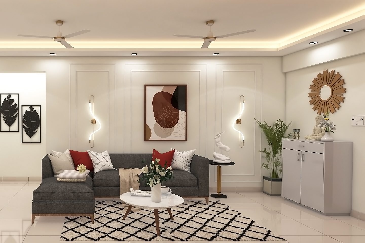 Living Room Design With Contemporary Grey L-Shaped Sofa and Geometric ...