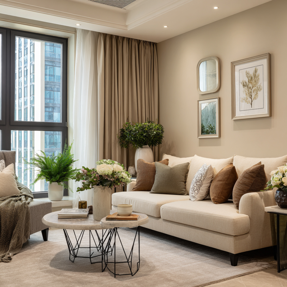 Modern Beige Wall Paint Design for Living Room Interiors | Livspace