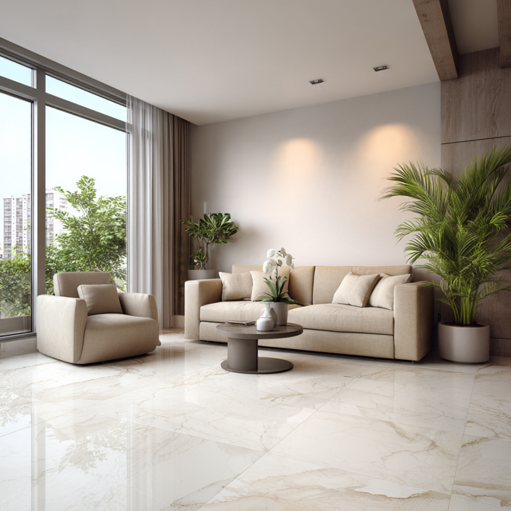 Modern Living Room Design with Coffee Table and Glossy Marble Floors ...