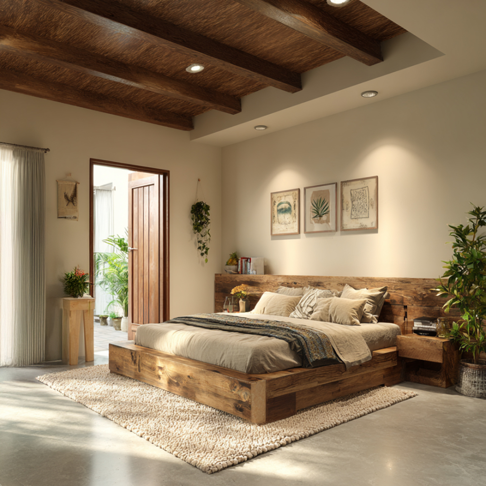 Rustic Master Bedroom Design with Wooden Beams, Botanical Prints and ...