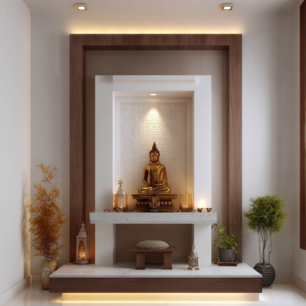 Contemporary Compact Pooja Design with Cabinet Storage and Niche | Livspace