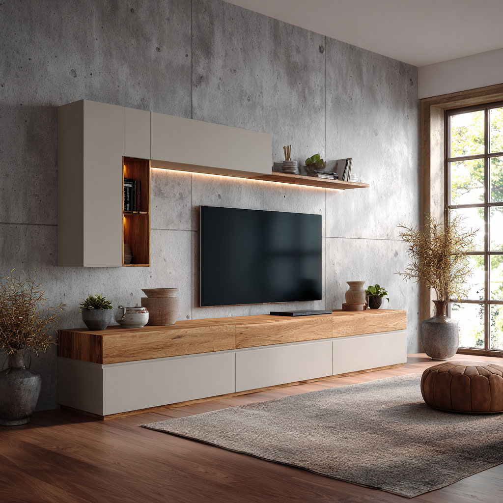 Teak and Grey Modern Floating TV Unit Design with Concealed Storage ...