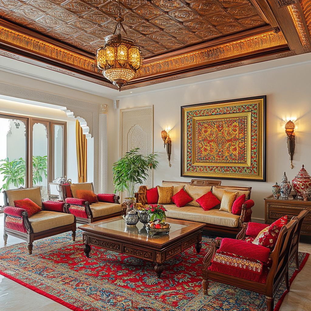 Living Room Design with Traditional Wooden 3-Seater Sofa, Matching ...
