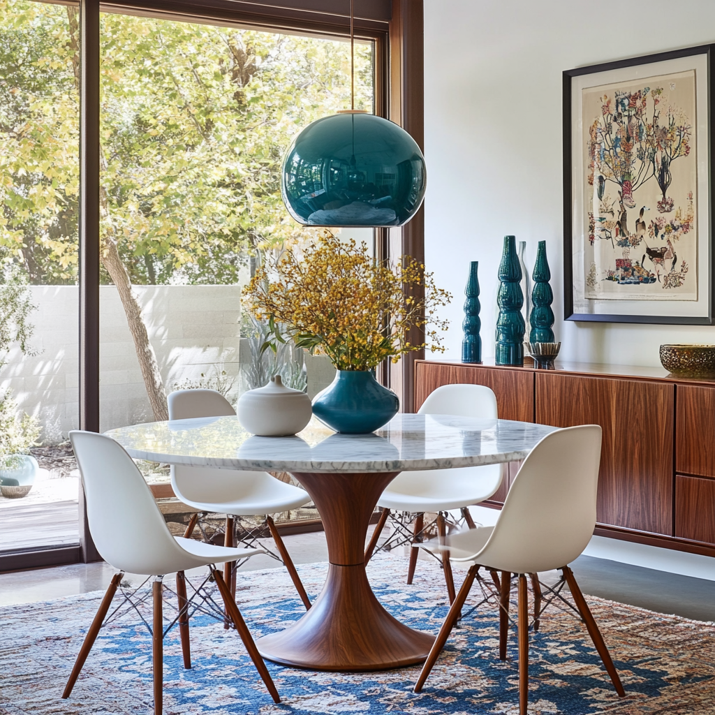 Dining Room Design with Modern Marble Dining Table and Wooden Base ...