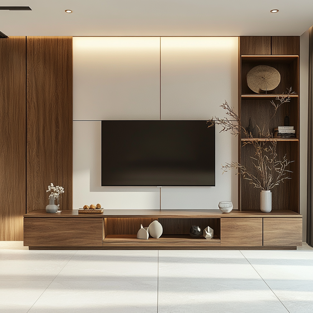 Contemporary Frosty White and Walnut TV Unit Design with Suede Laminate ...