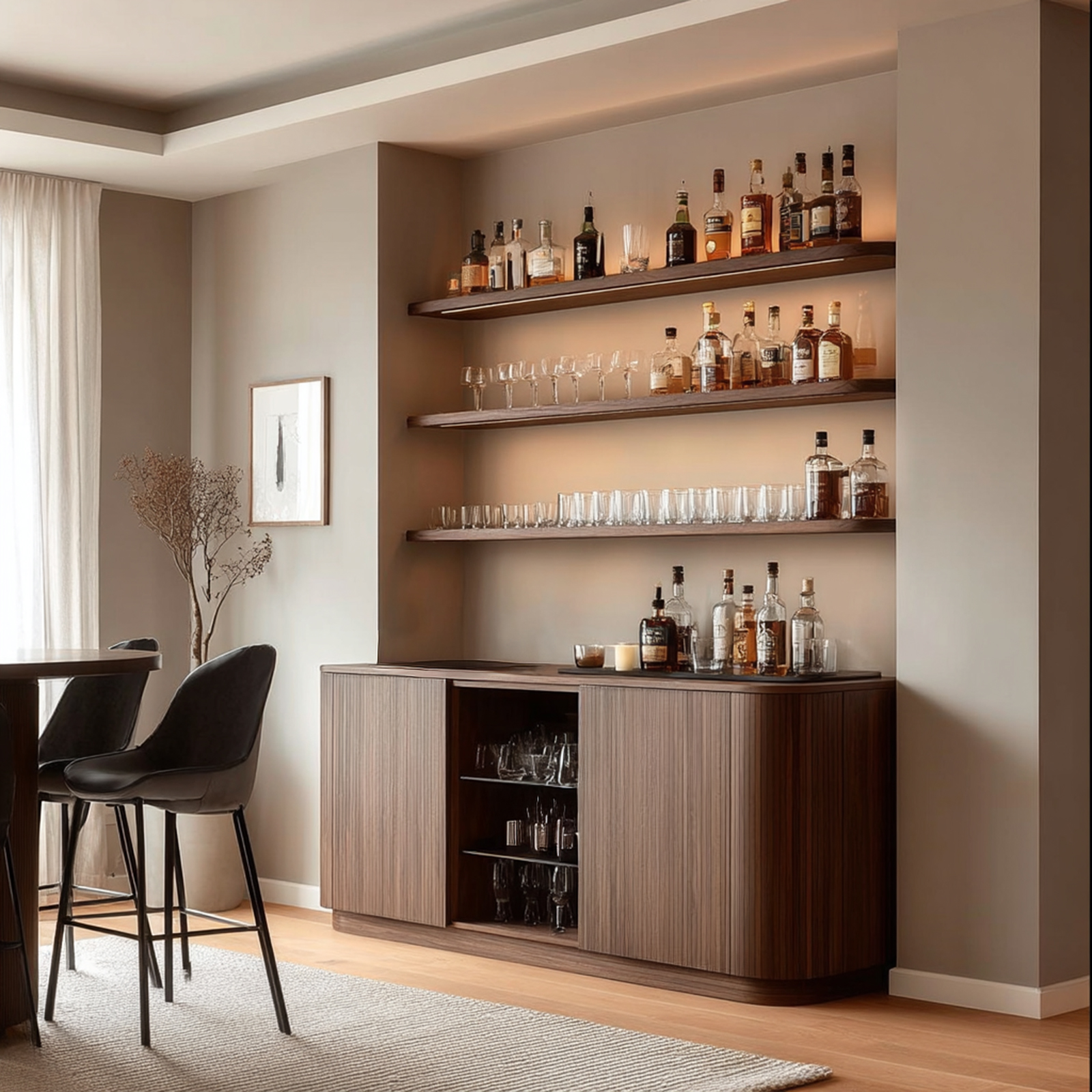 Modern Walnut Home Bar Design with Concealed Cabinets and Open Shelves ...