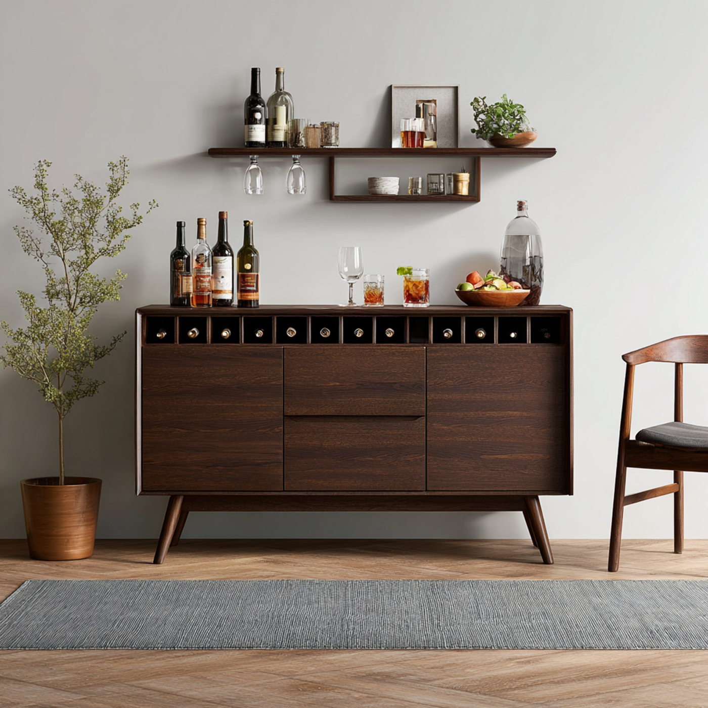 Mid-Century Modern Home Bar Design with Overhead Shelf, Wine Slots and ...