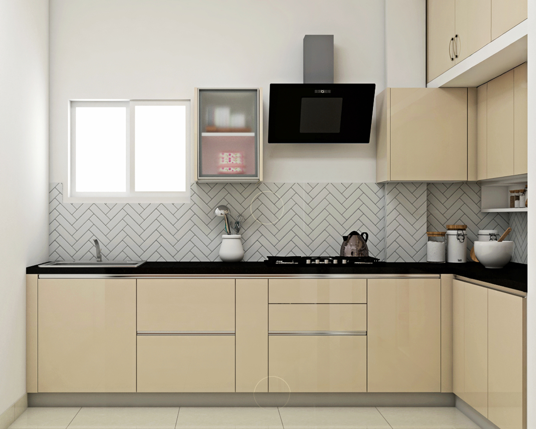 Modern Cream-Toned L-Shaped Kitchen Design with Herringbone Backsplash ...