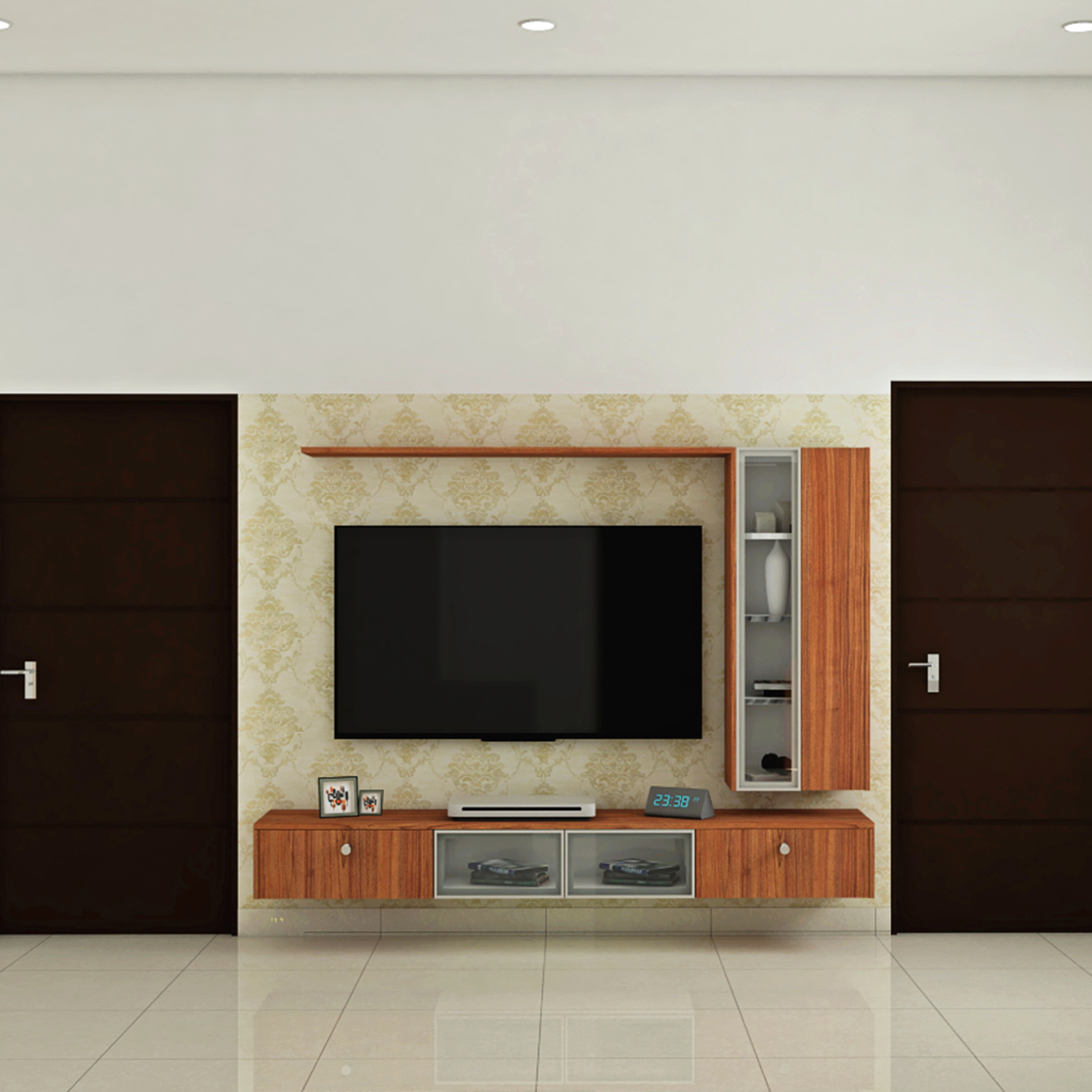Classic TV Unit Design with Wooden Texture, Glass Cabinets and Drawers ...