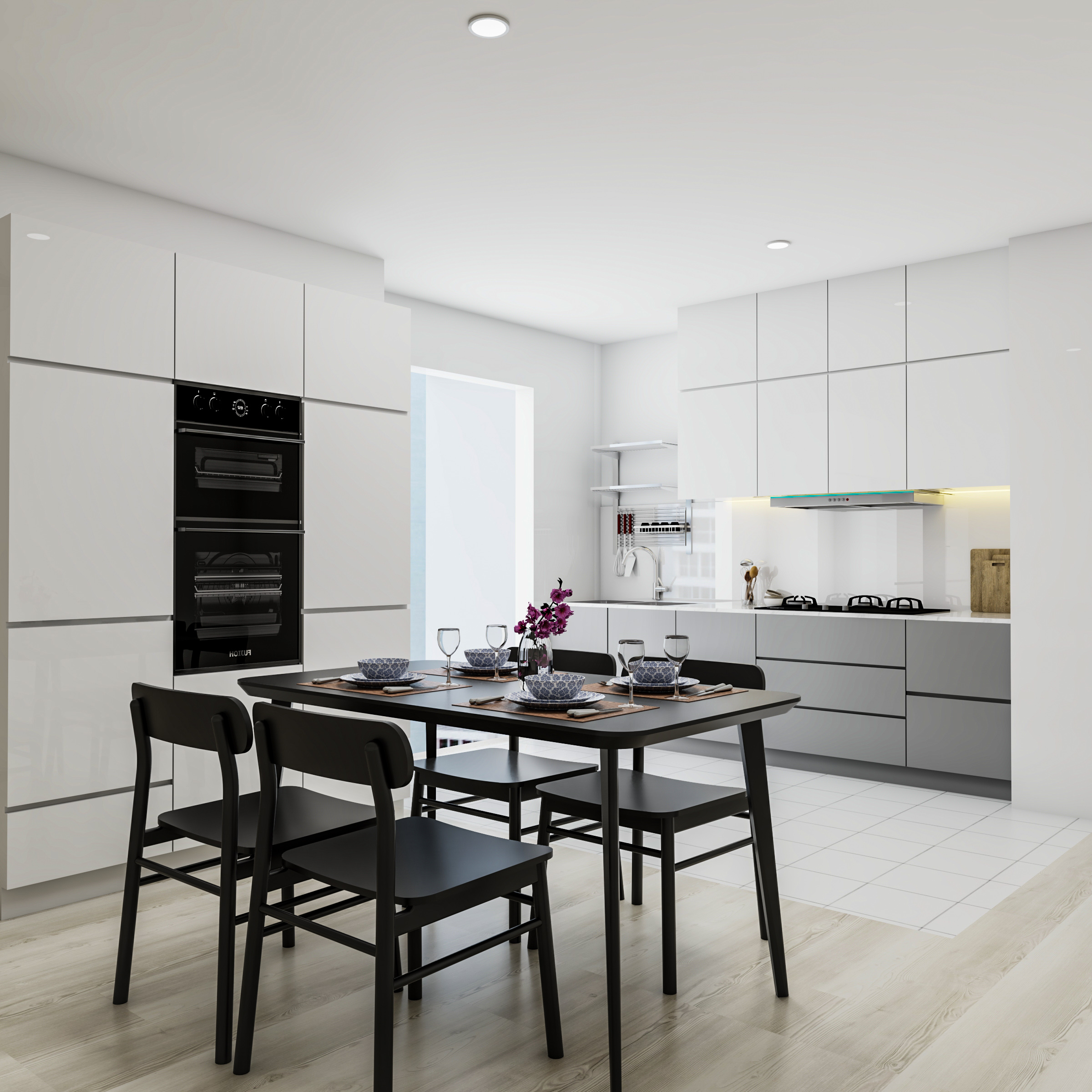 Spacious Contemporary Style Kitchen Cabinet Design With Dining Area ...