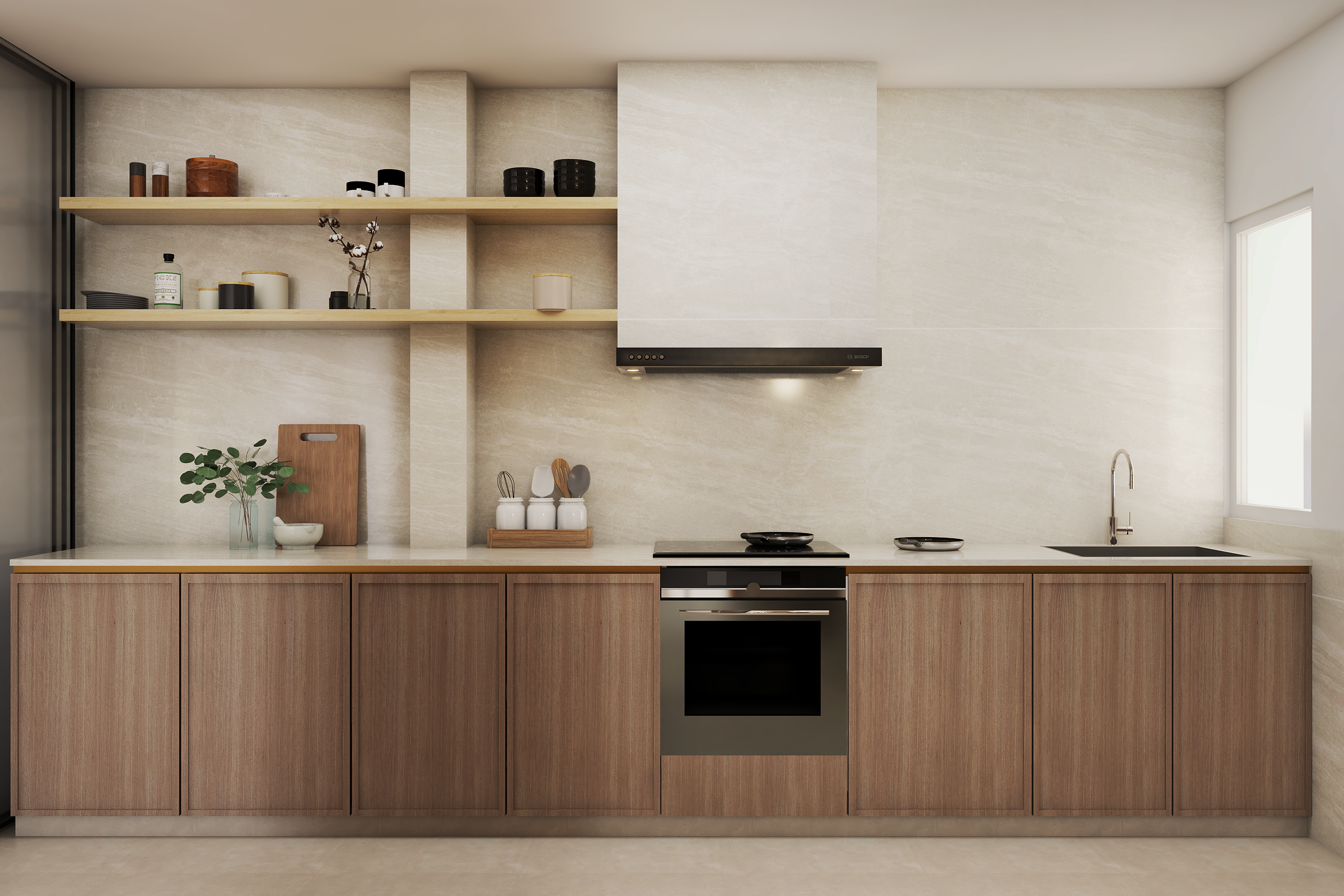Contemporary Spacious Kitchen Cabinet Design With Beige Dado Tiles ...