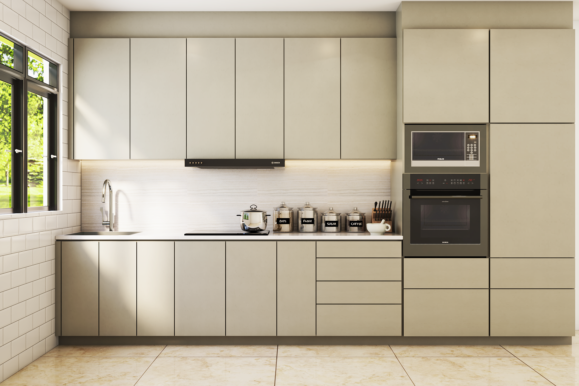 Contemporary Style Spacious Kitchen Cabinet Design With Dado Tiles ...