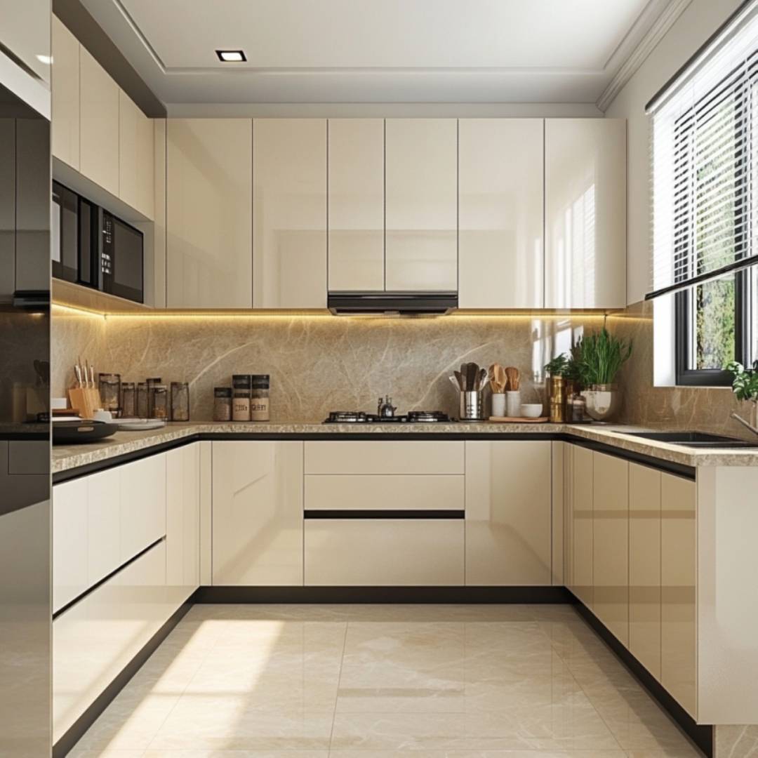 U-Shaped Contemporary Kitchen Design with Quartz Countertop and LED ...