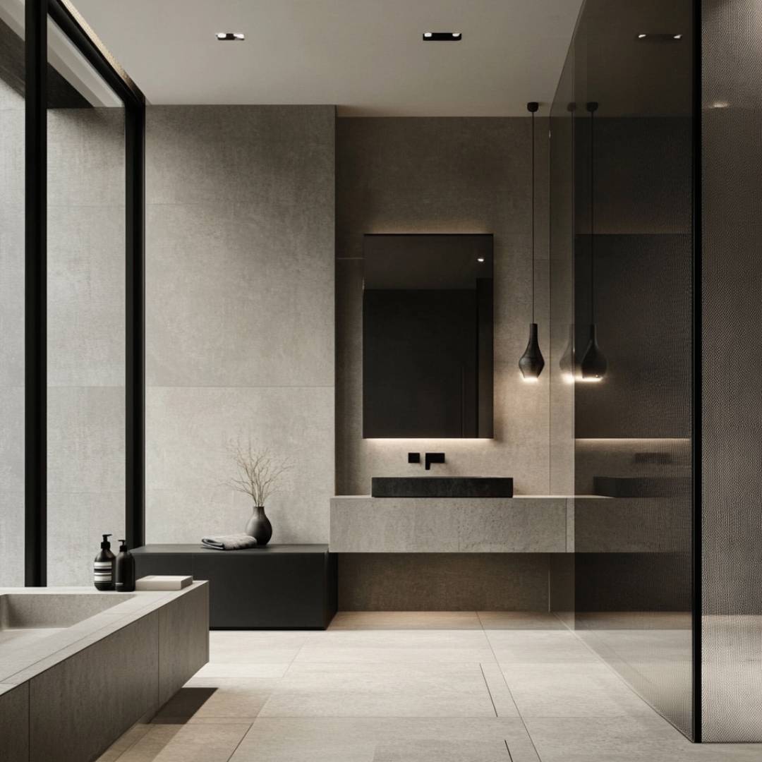 Grey Modern Bathroom Design with Textured Walls and Black Fixtures ...