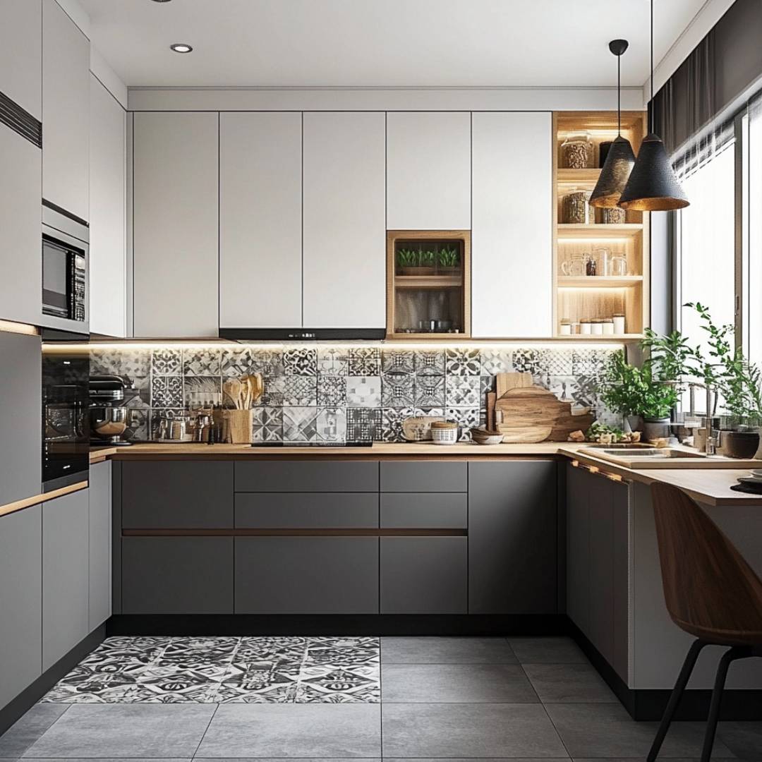 Modular UShaped Kitchen Design with Quartz Countertop and Patterned