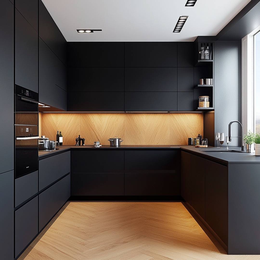 Dark Blue Modern U-Shaped Kitchen Design with Suede Cabinets and Solid ...