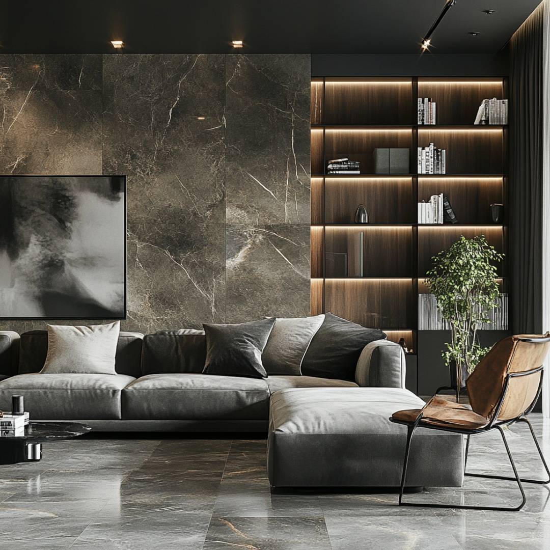 Living Room Design With Rustic Round Center Table, Marble Wall and Grey ...