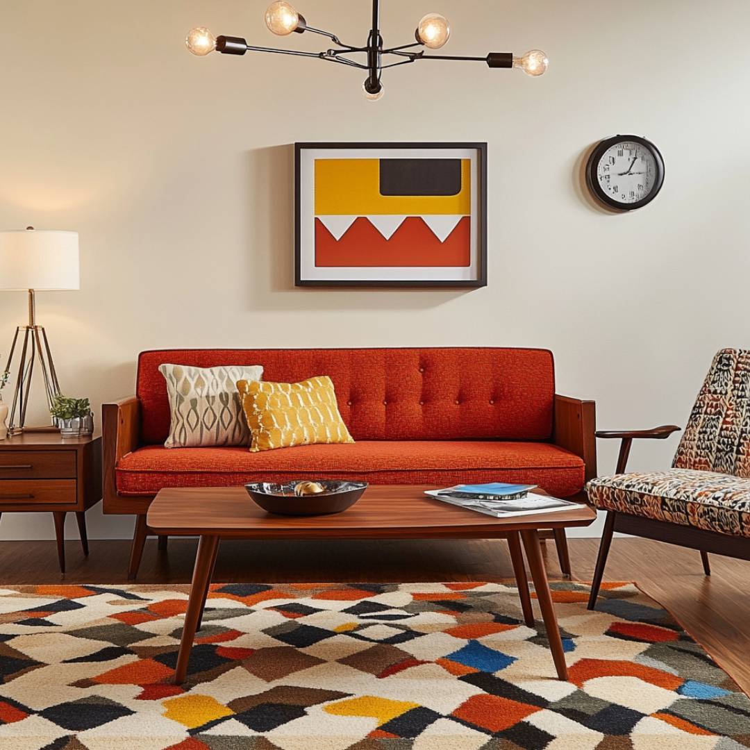Mid-Century Living Room Desigb with 3-Seater Red Sofa and Textured ...