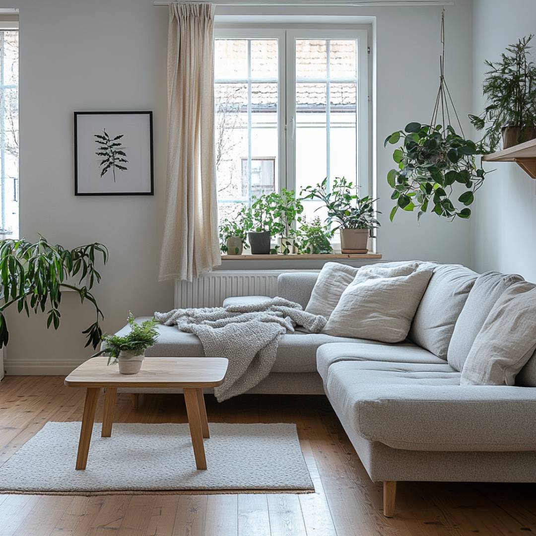 Scandinavian Style Living Room Design with Greenery and Built-in ...