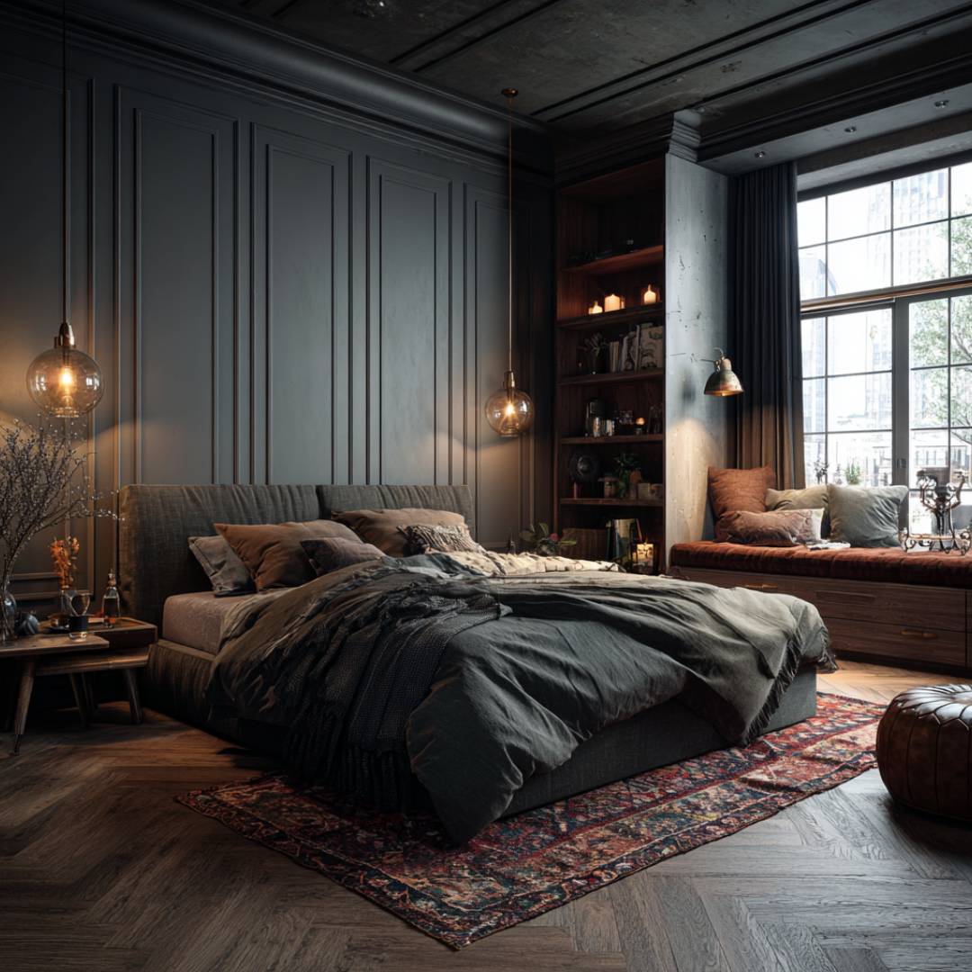 Rustic Master Bedroom Design With Grey Bed and Panelled Walls | Livspace