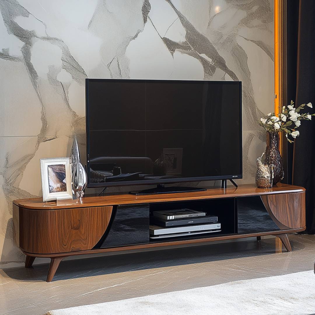 Contemporary Compact TV Unit Design in Brown with Open Storage | Livspace