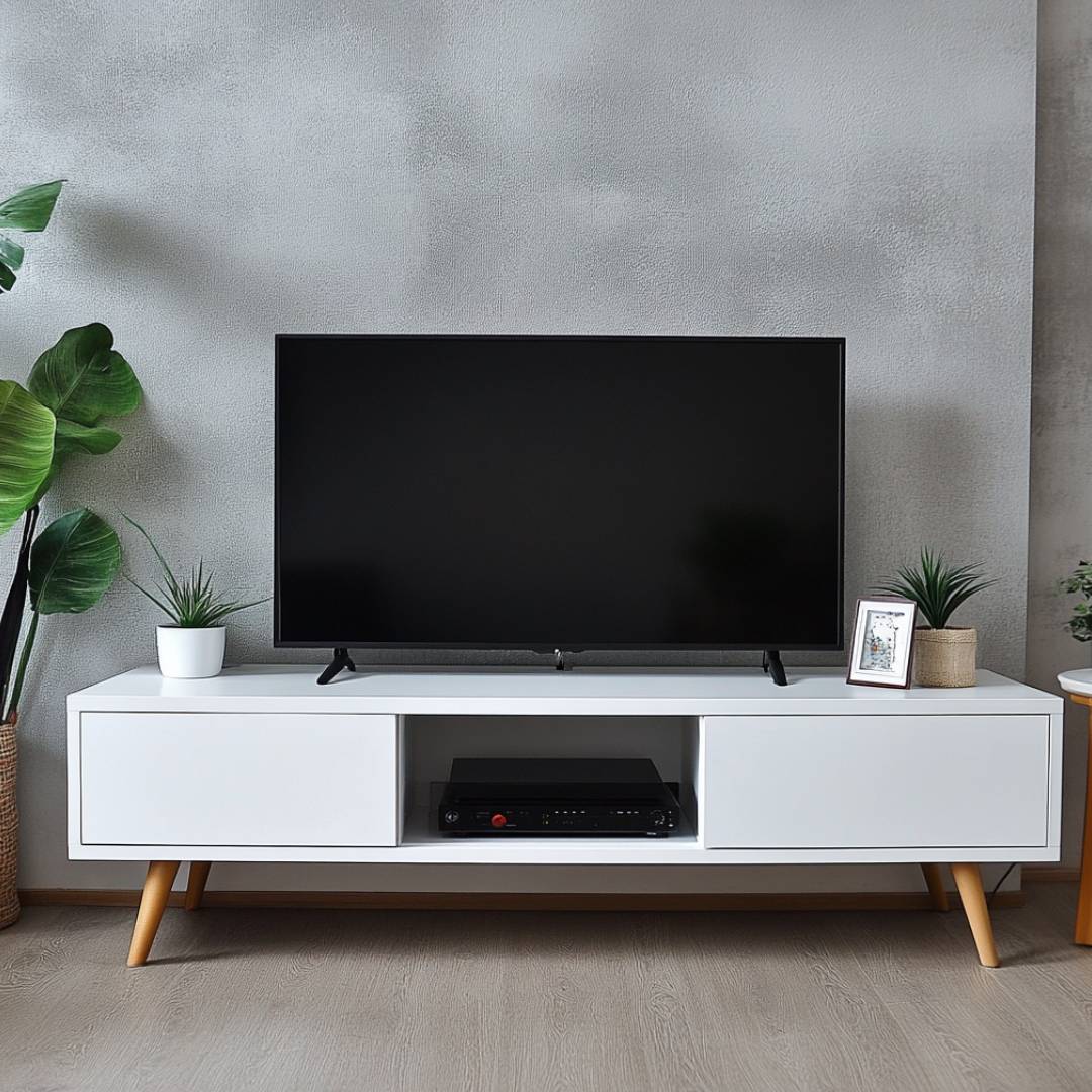 White Minimal TV Unit Design With Open Storage and Hidden Drawers ...