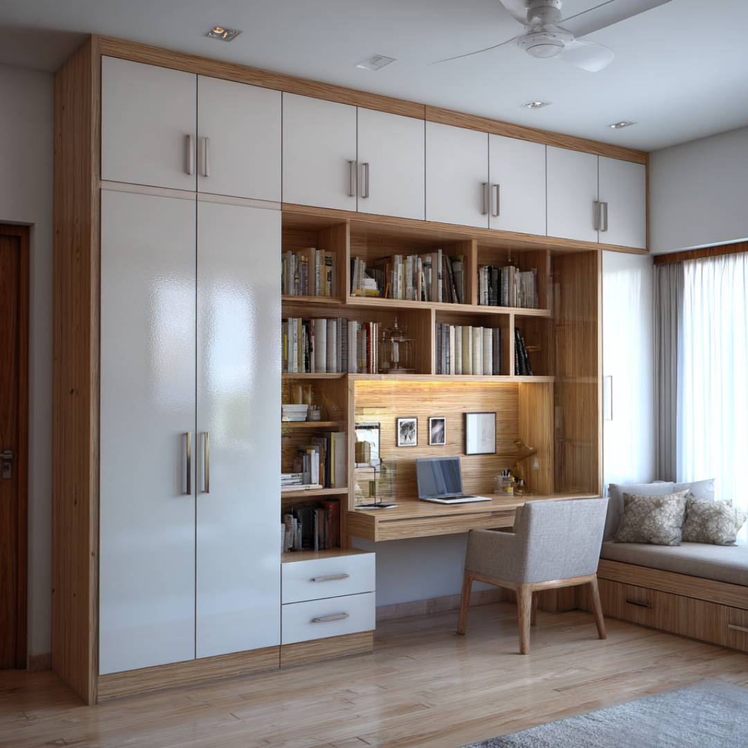 Cream and Brown Scandinavian Swing Wardrobe Design with Built-In Desk ...