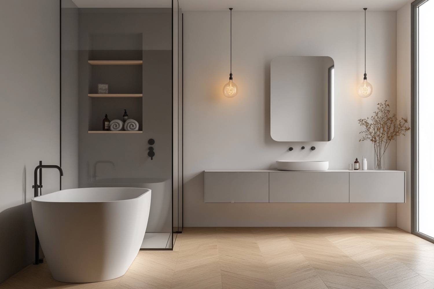 Light Grey Tiles Minimal Bathroom Design with Vanity Storage and ...