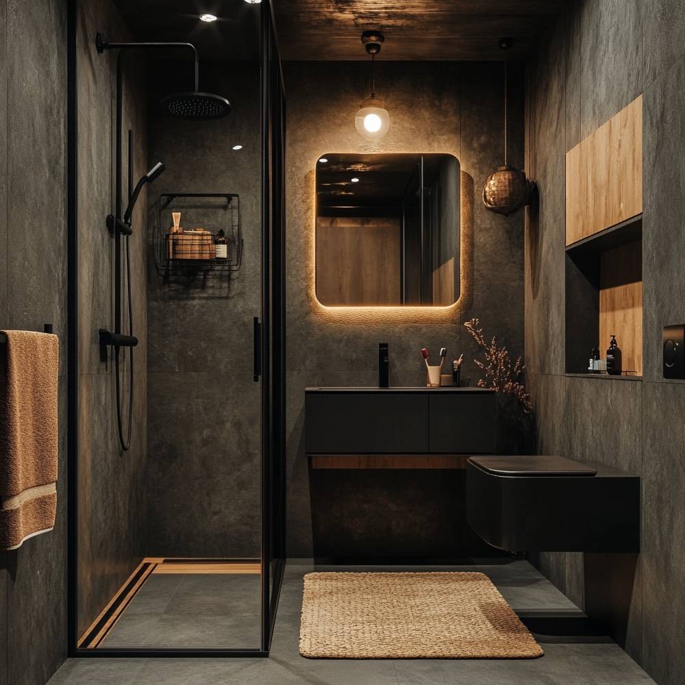 Dark Grey Rustic Bathroom Design with Square Mirror, Suede Finish ...