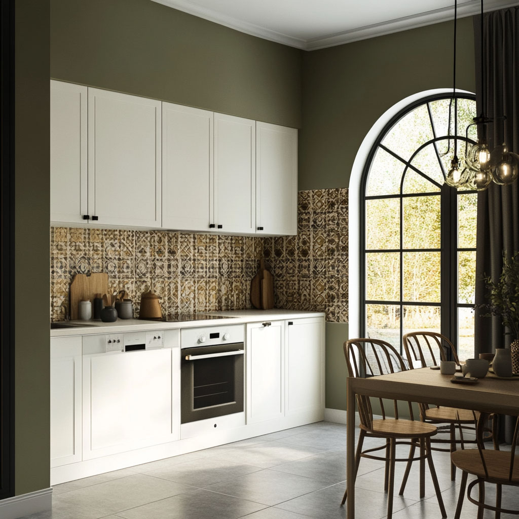 White Eclectic Straight Kitchen Design with Solid Surface Countertop ...