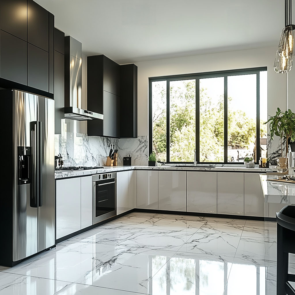 Black and White Contemporary L-Shaped Kitchen Design with Marble ...