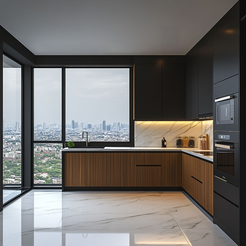 Brown and Black Classic L-Shaped Kitchen Design with Quartz Countertops ...