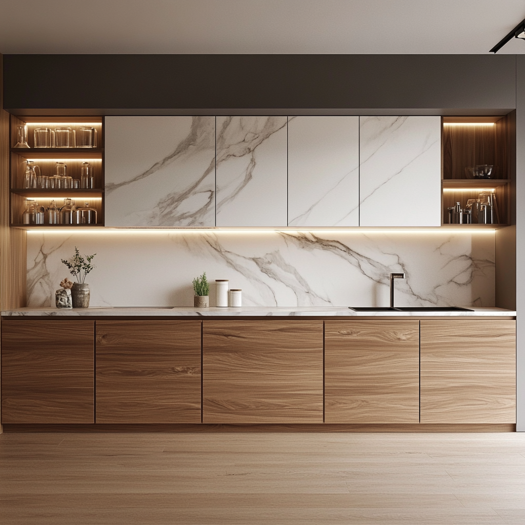 Straight Kitchen Design with Modern Wooden Base and Marble Texture Wall ...