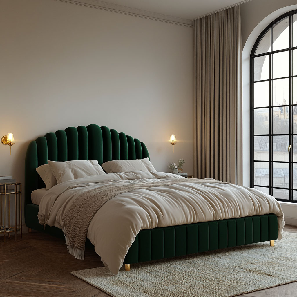 Master Bedroom Design with Contemporary Dark Green Bed and Gold-Framed ...