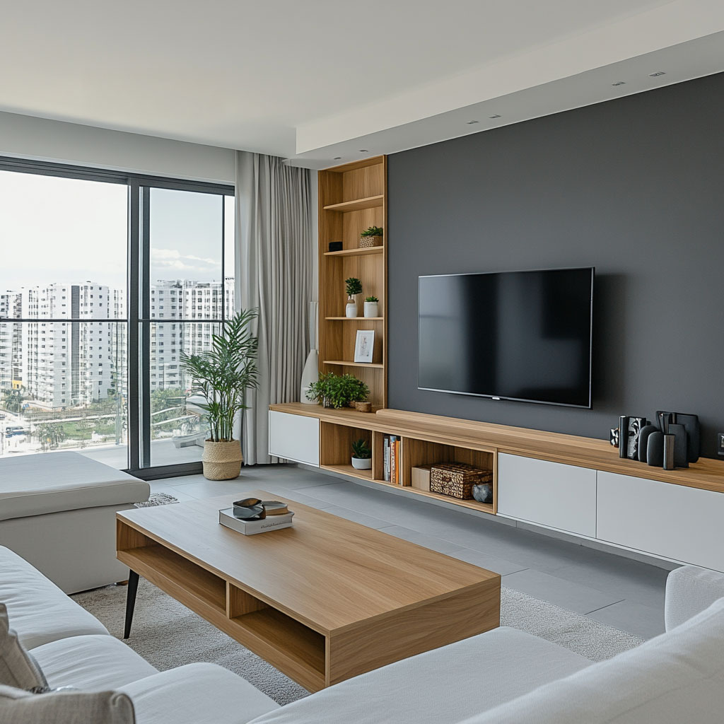 White and Brown Scandinavian TV Unit Design with Open Shelving and ...