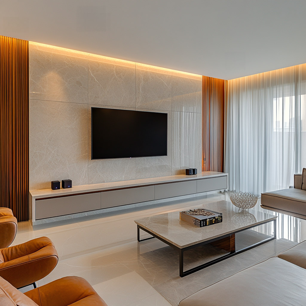 Beige TV Unit Design with Modern Concealed Storage and Marble Accent ...
