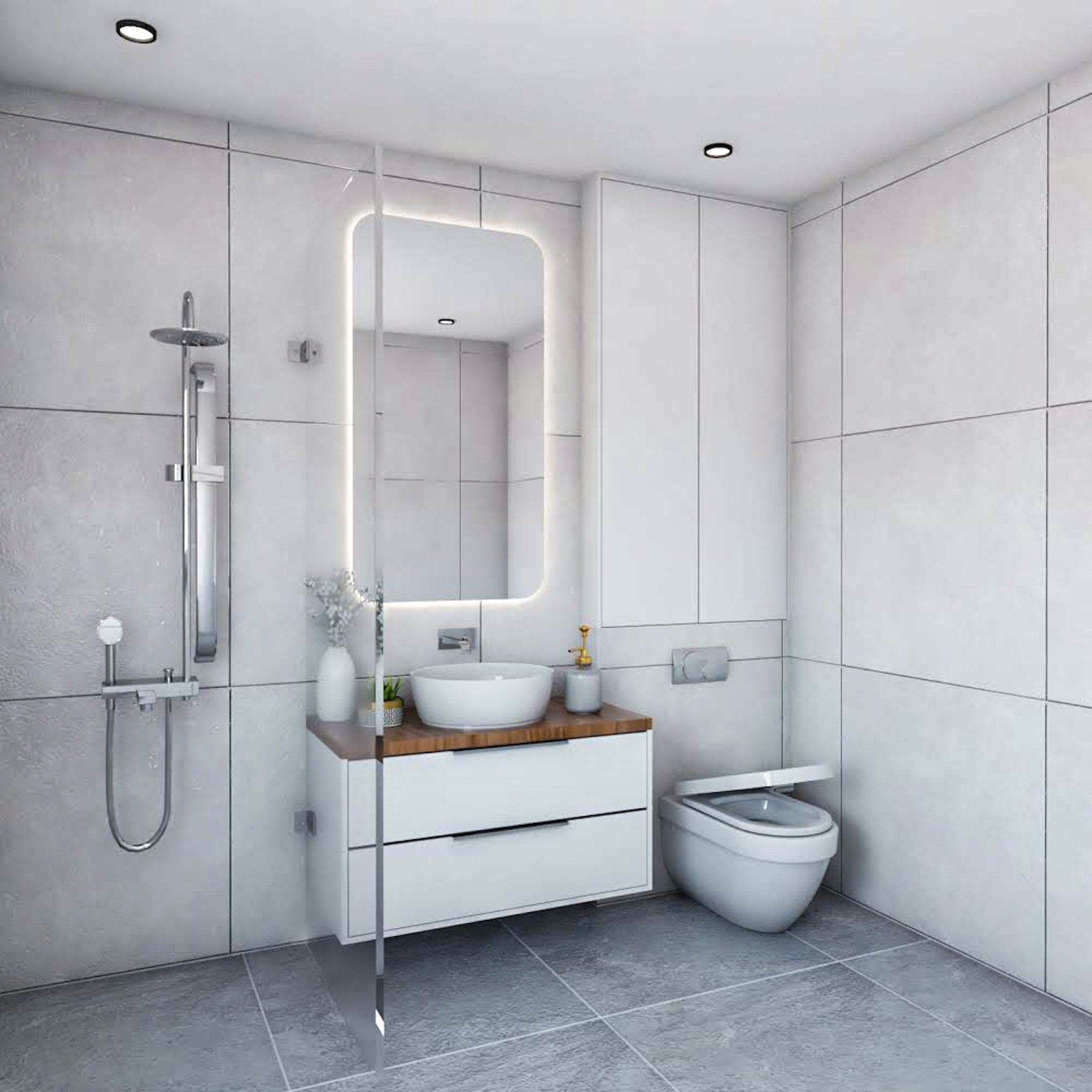 Spacious White Minimalistic Bathroom Design | Livspace
