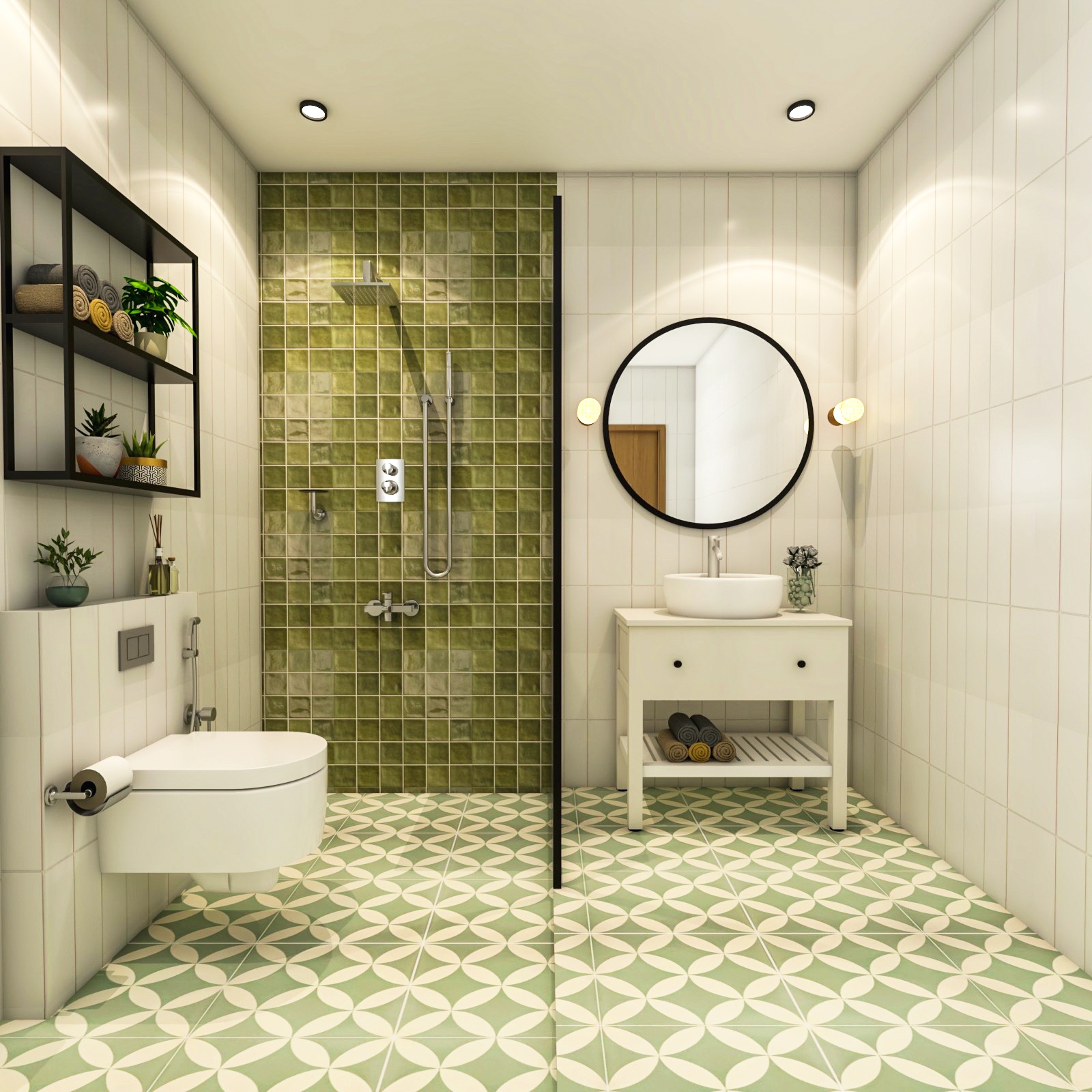 Modern Bathroom Design With Green And White Bathroom Tiles And White ...