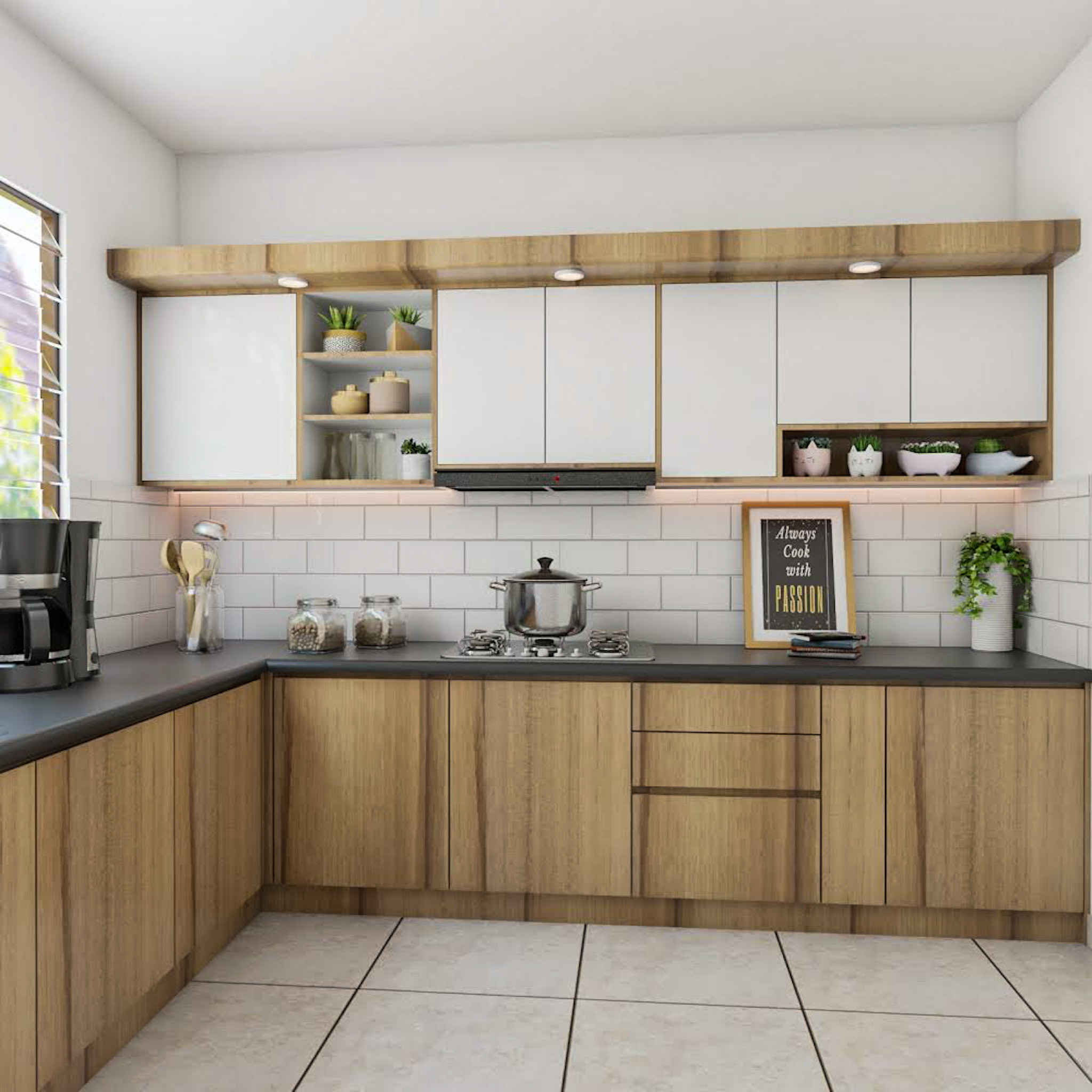 L-Shaped White And Wood Kitchen Design | Livspace