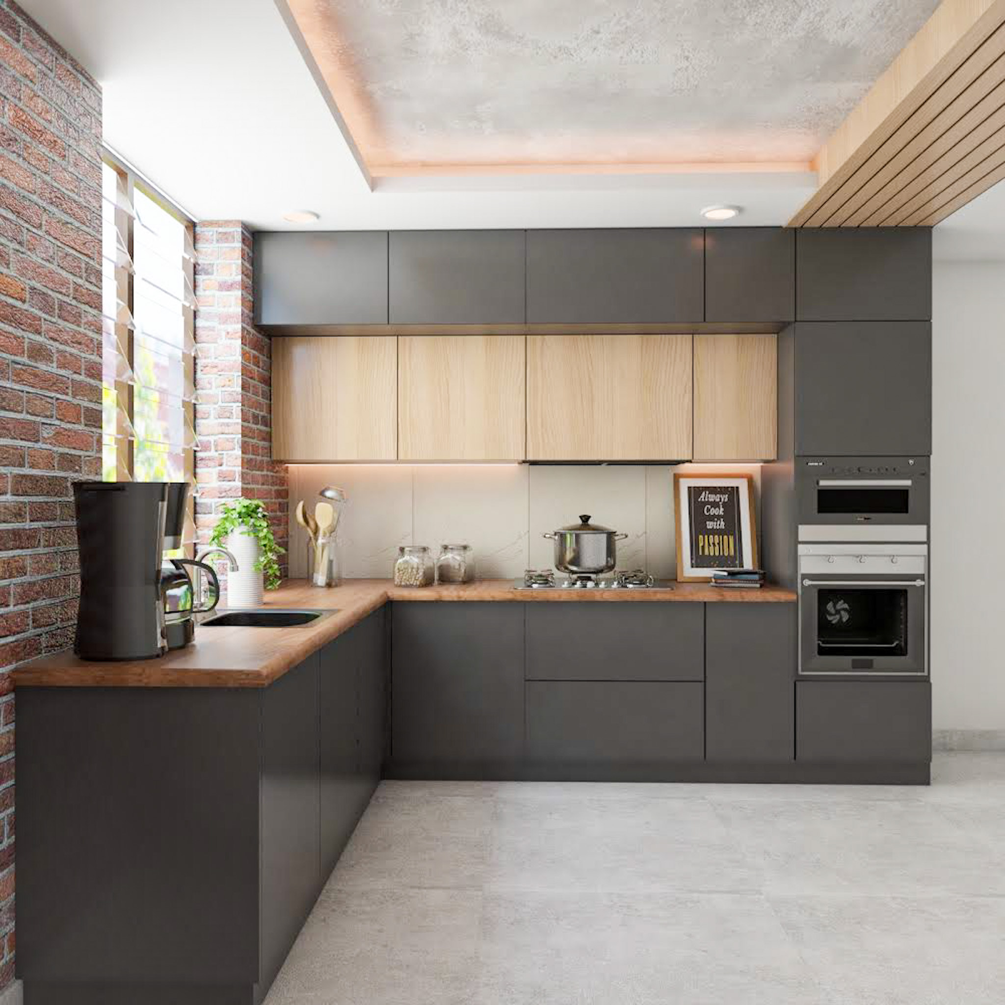 LShaped Kitchen Design With Modern Grey And Brown Livspace