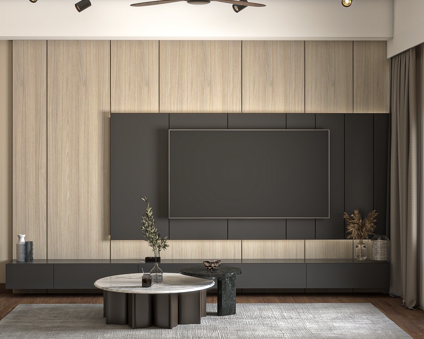 Brown And Grey Living Room Wall Design | Livspace