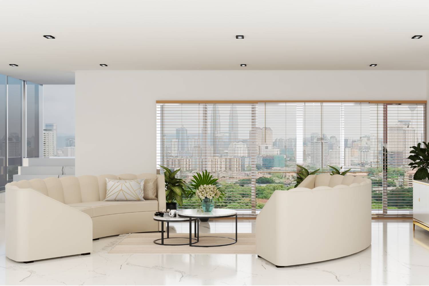 Spacious Living Room Design With Spotless White Walls And Flooring ...
