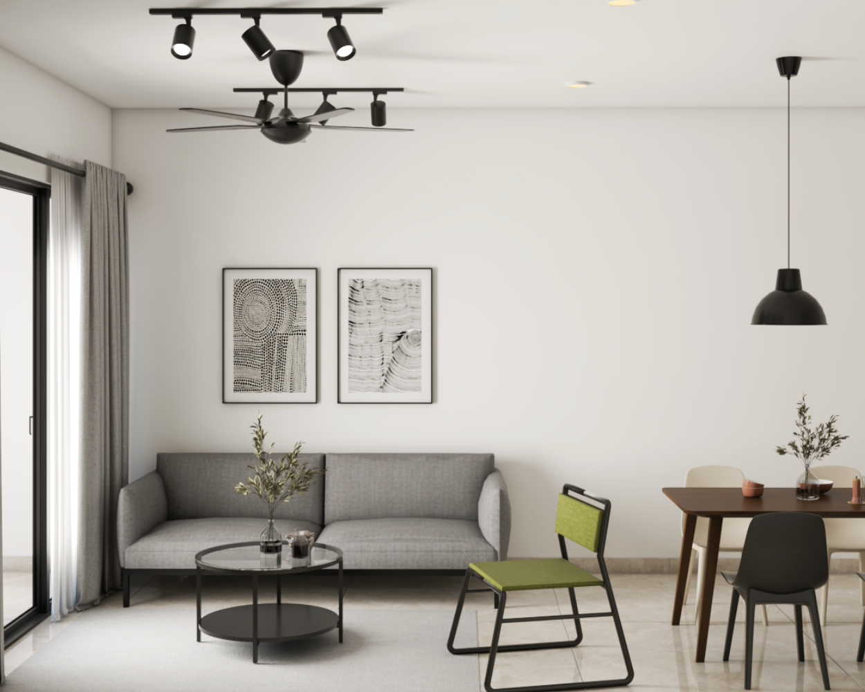 Compact Living Room Design With Stylish Drop Lights | Livspace