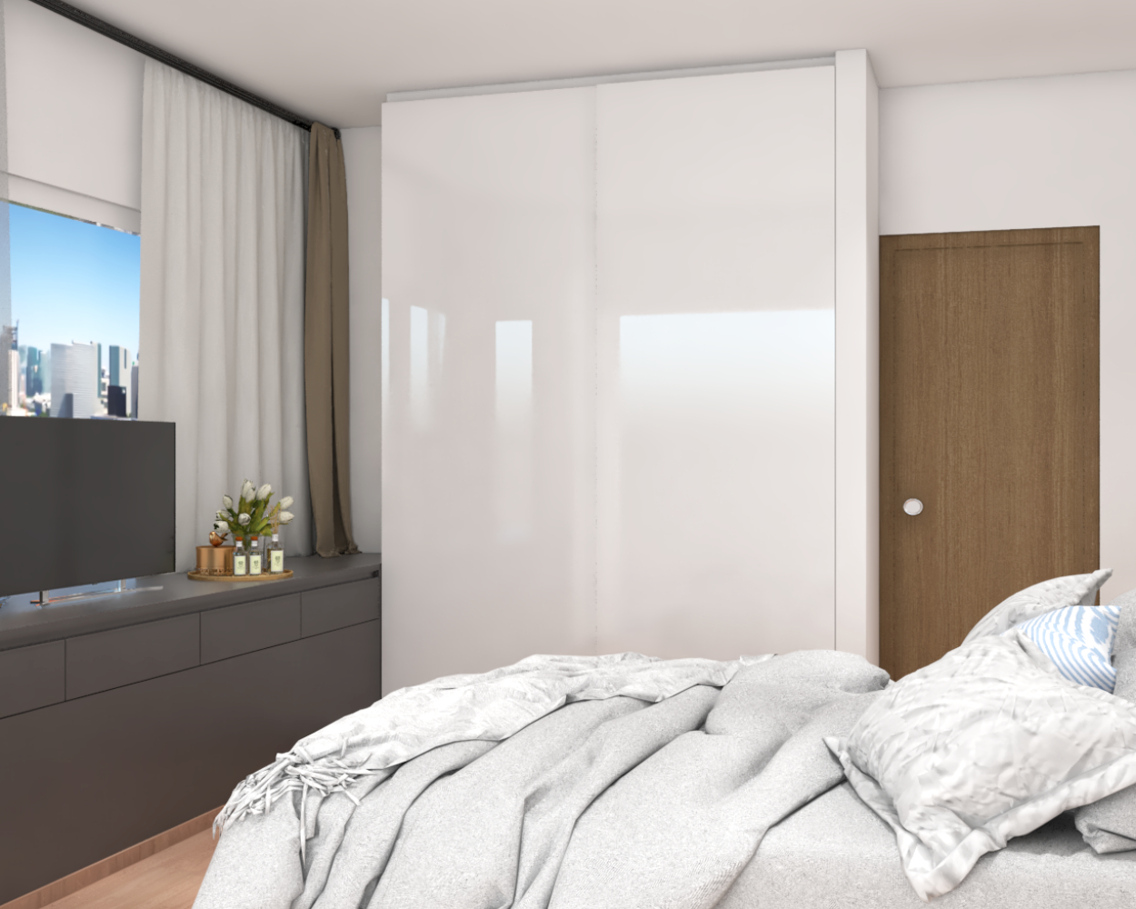 Sliding Wardrobe Design With A Glossy Finish | Livspace