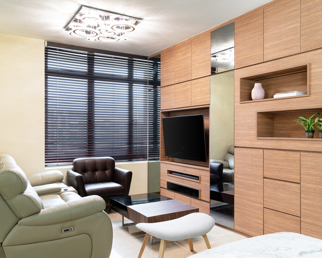 Living Room Interior Design With A Floor To Ceiling TV Cabinet | Livspace